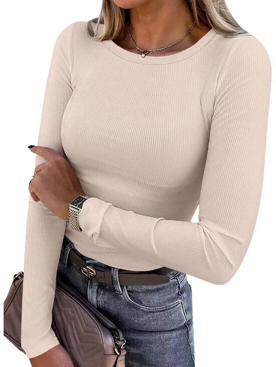 Tops - Women's Cream Ribbed Plain Hem Round Neck Long Sleeve Classic Slim Fit Tee Top